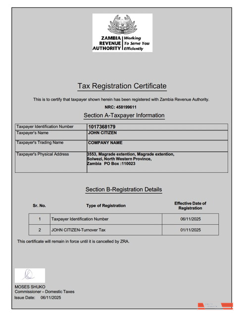 Zambia tax registration certificate Word and PDF template